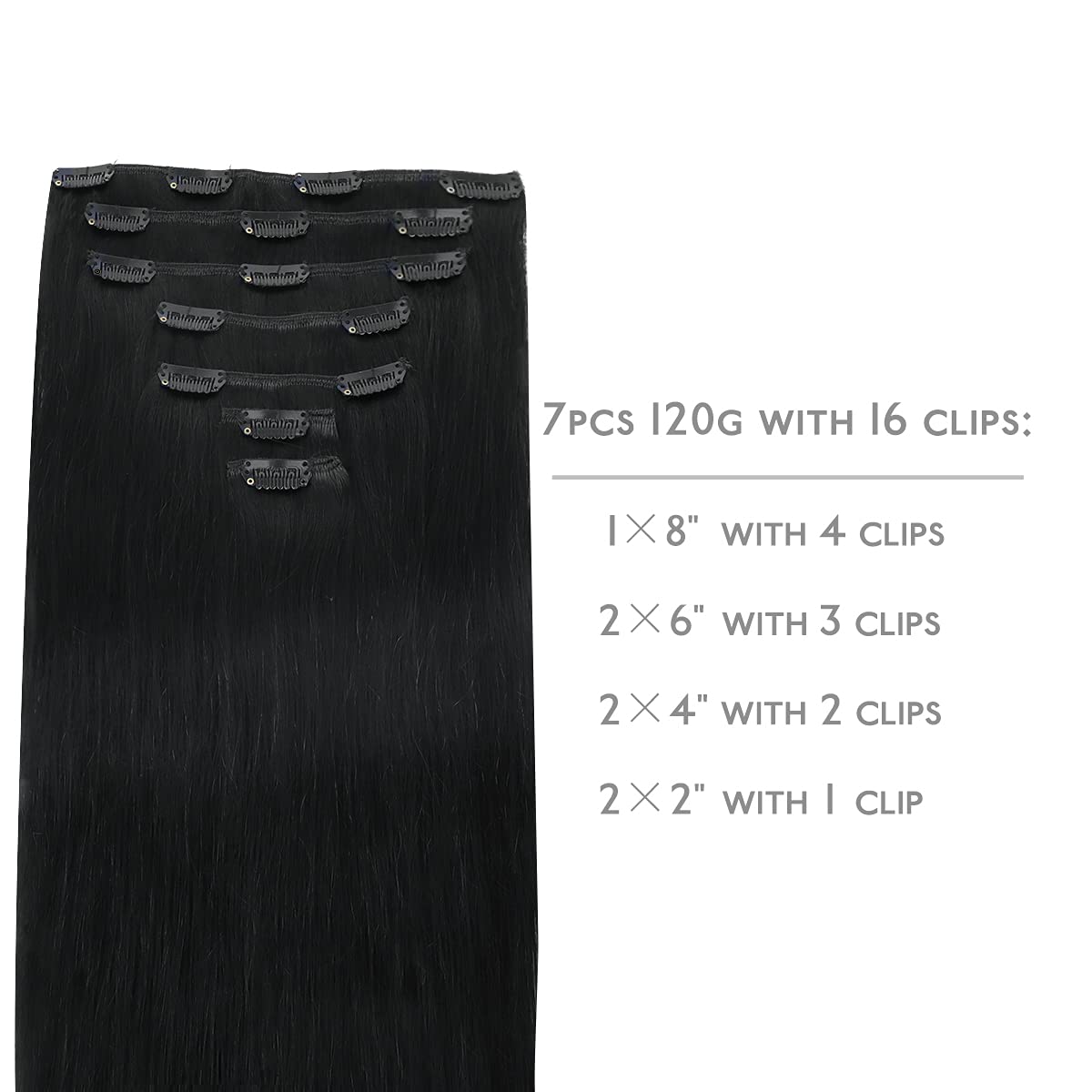 Thumbnail 1 de WENNALIFE Clip-in Hair Extensions (Remy Human Hair), 18 Inch, 7pcs, Jet Black