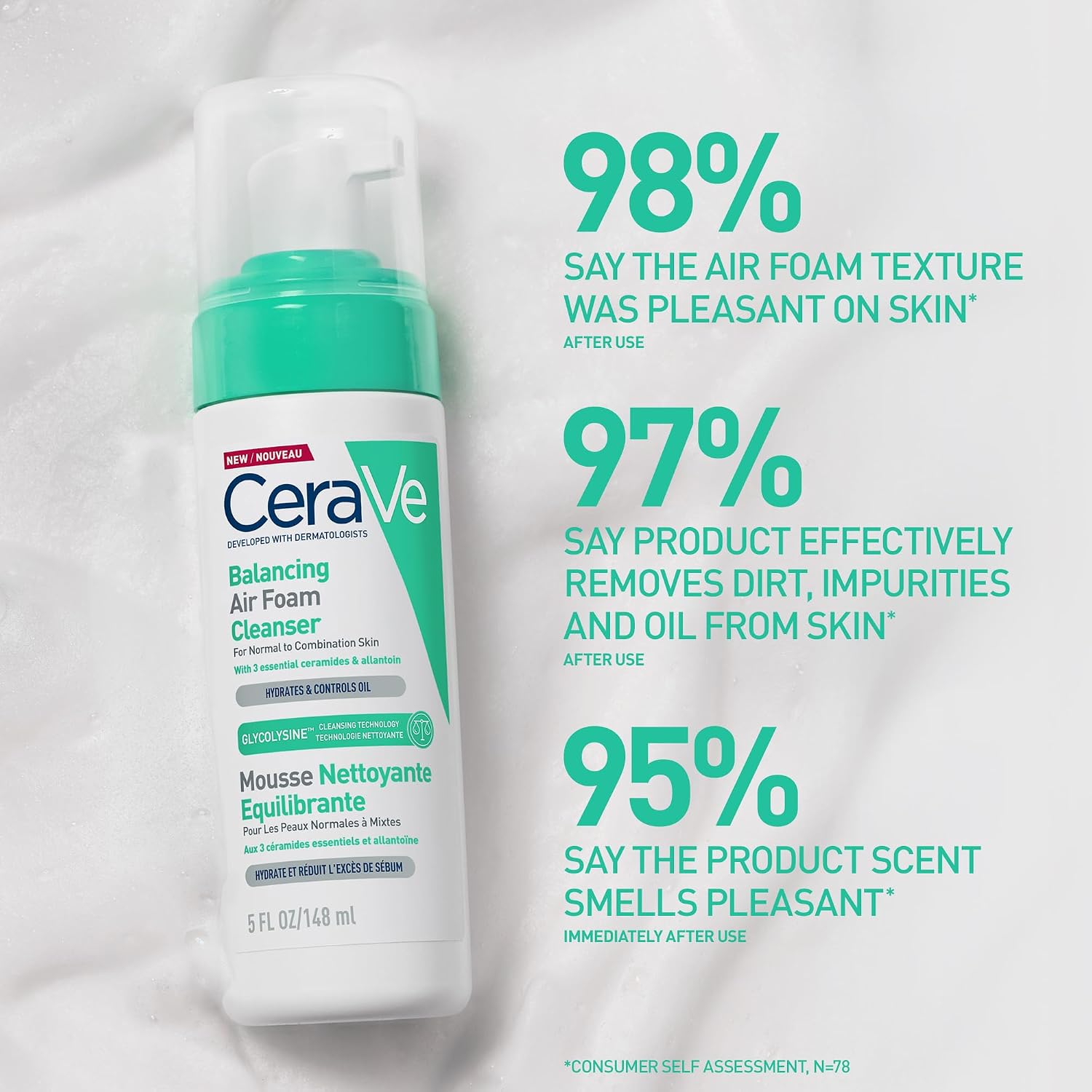 Detalle de CeraVe Balancing Air Foam Cleanser with Glycolysine Cleansing Technology, 148ml