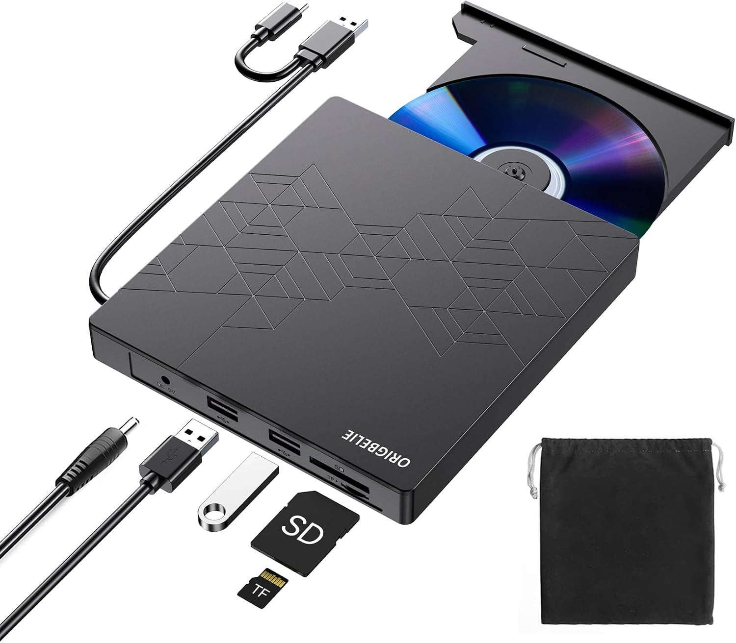 Detalle de ORIGBELIE External CD/DVD Drive with USB 3.0 Type-C — Portable Slim ODD for Laptops, PCs, and Mac