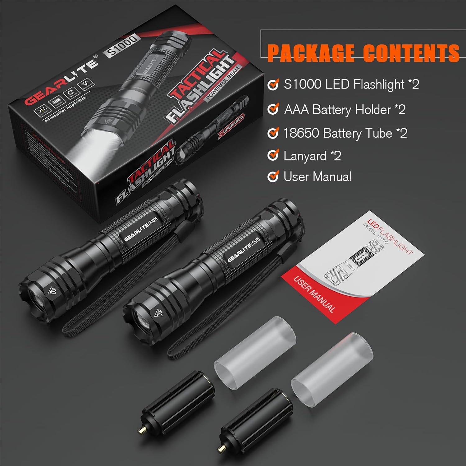 Detalle de GEARLITE LED Taschenlampe Extrem Hell 2 Stück – 4000 Lumen, Aluminium, IP65, Zoom