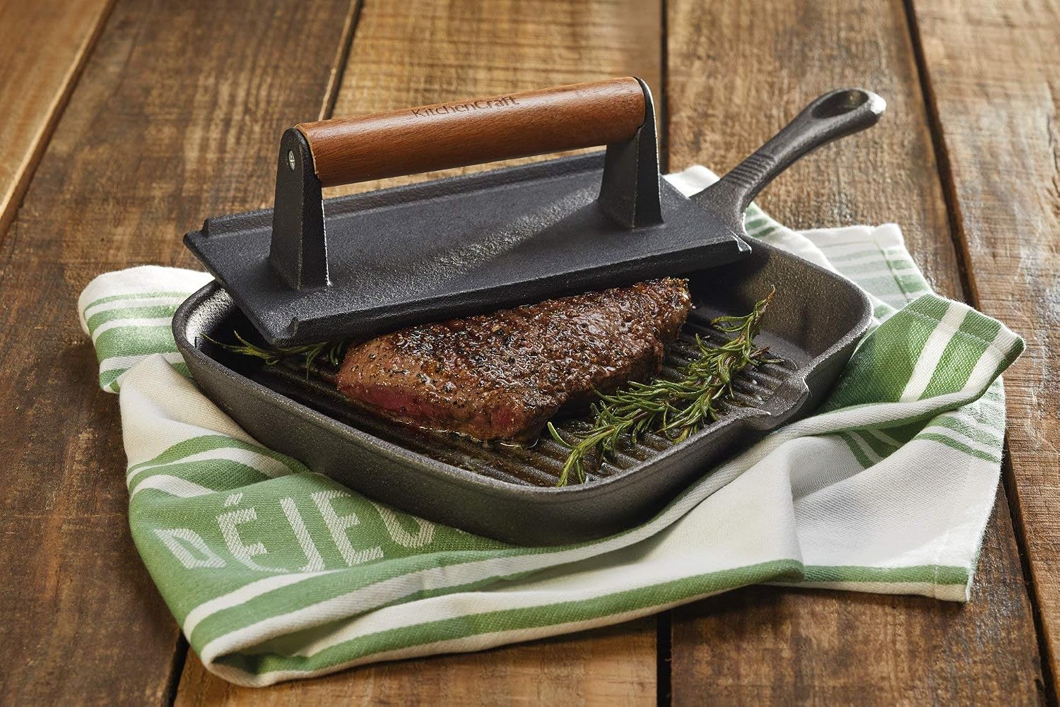 Detalle de KitchenCraft KC Blue gietijzeren grillpers met houten handgreep, 21 x 11 x 8 cm