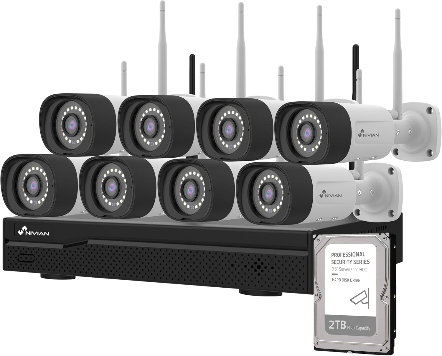 Detalle de NIVIAN Kit videosorveglianza WiFi professionale 2K con 8 telecamere IP, NVR 16 canali e IA per rilevamento umano