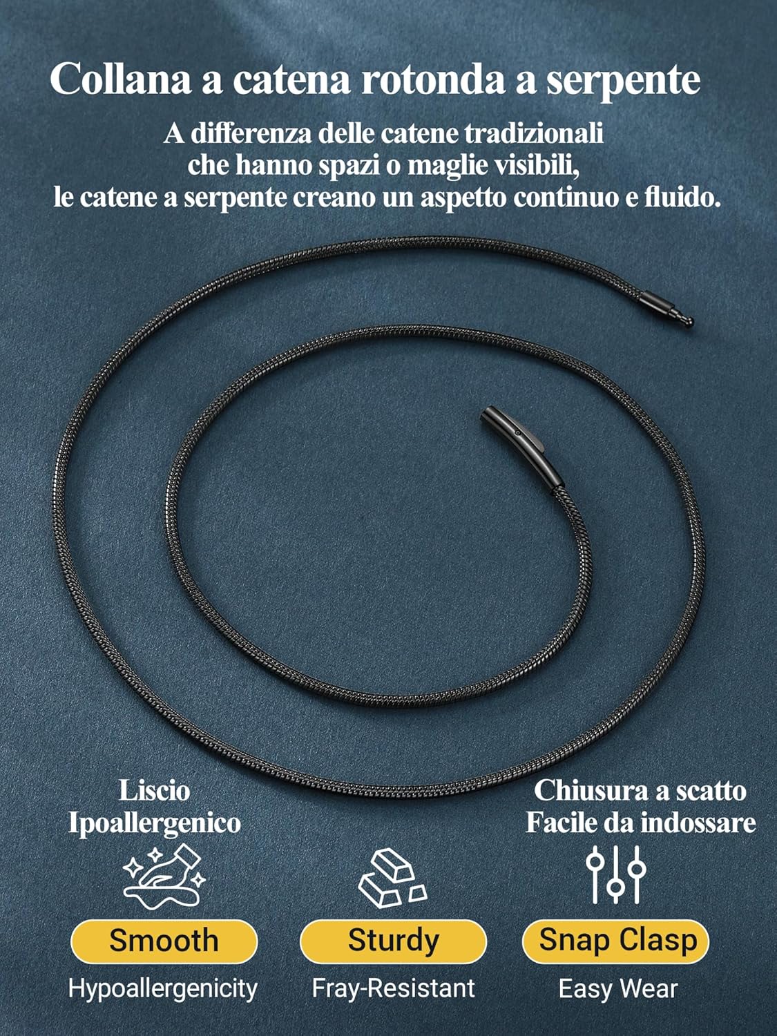 Thumbnail 5 de PROSTEEL Collana Serpente 2MM 46 cm – Acciaio Inox 316L Nero, Clasp a Clip, Versatile da Uomo e Donna