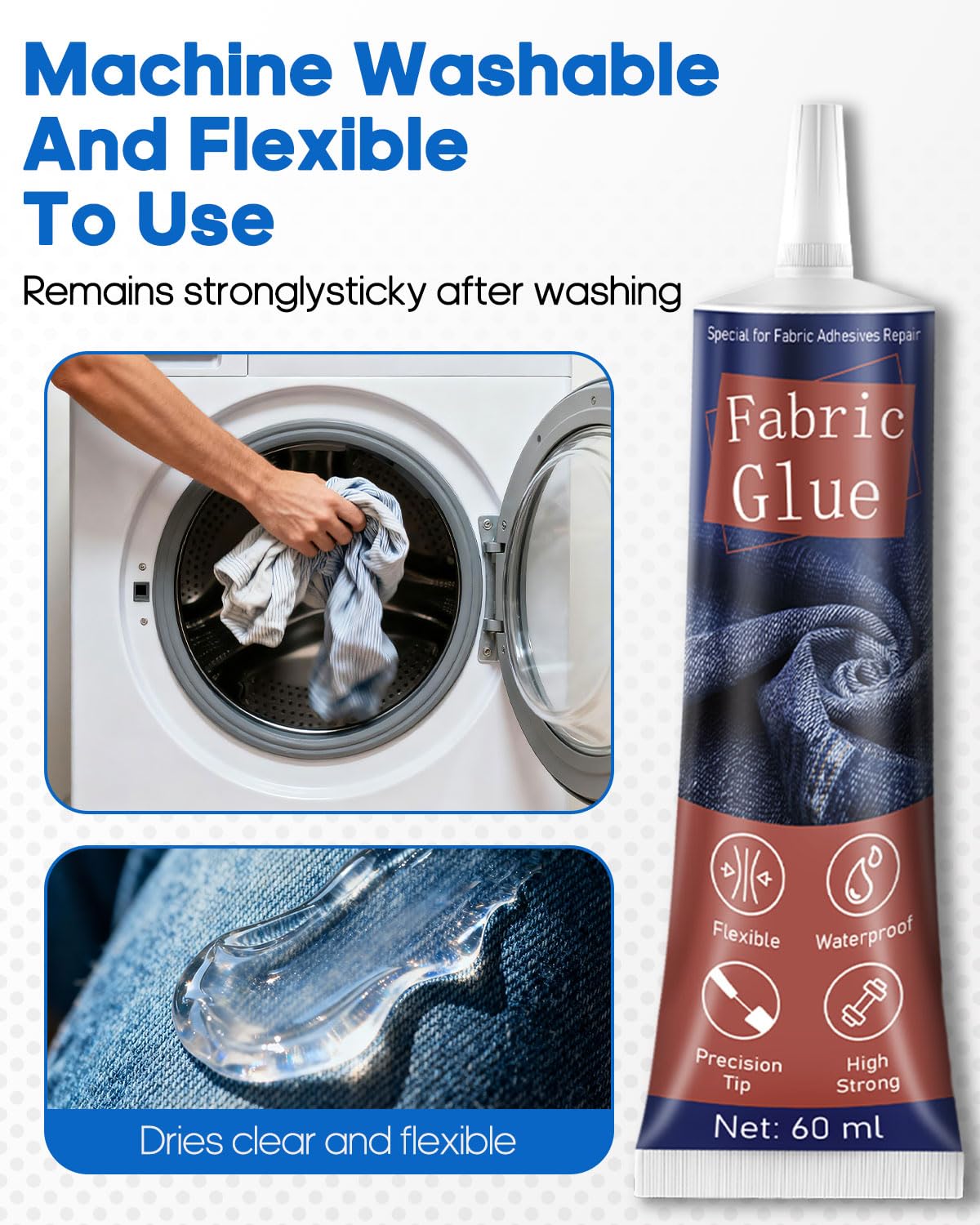 Detalle de Flow fire 120ml Strong Fabric Glue: Clear, Waterproof Textile Adhesive for Clothes, Badges and Patches