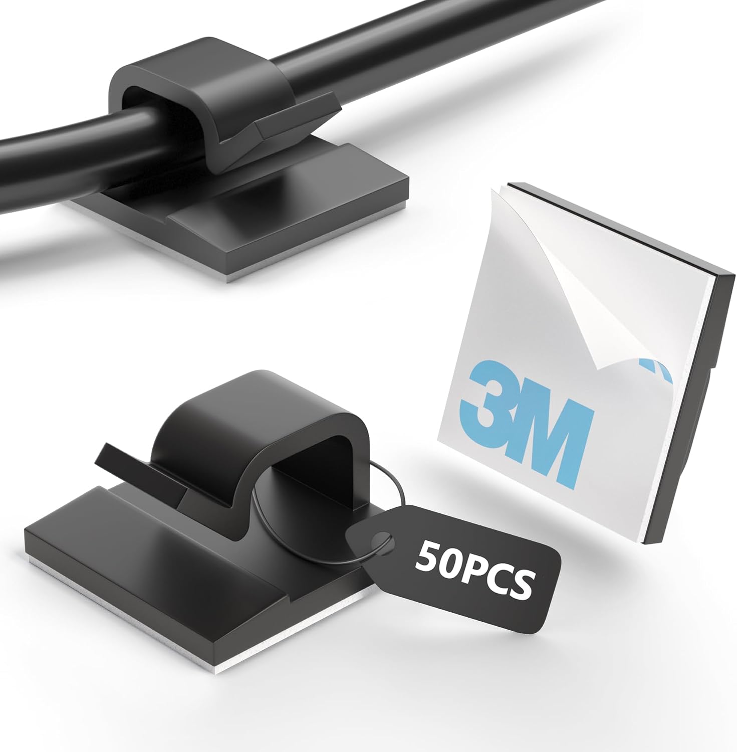 Tesmax 50 selbstklebende Kabelhalter (Kabelclips) in Schwarz für sauberes Kabelmanagement