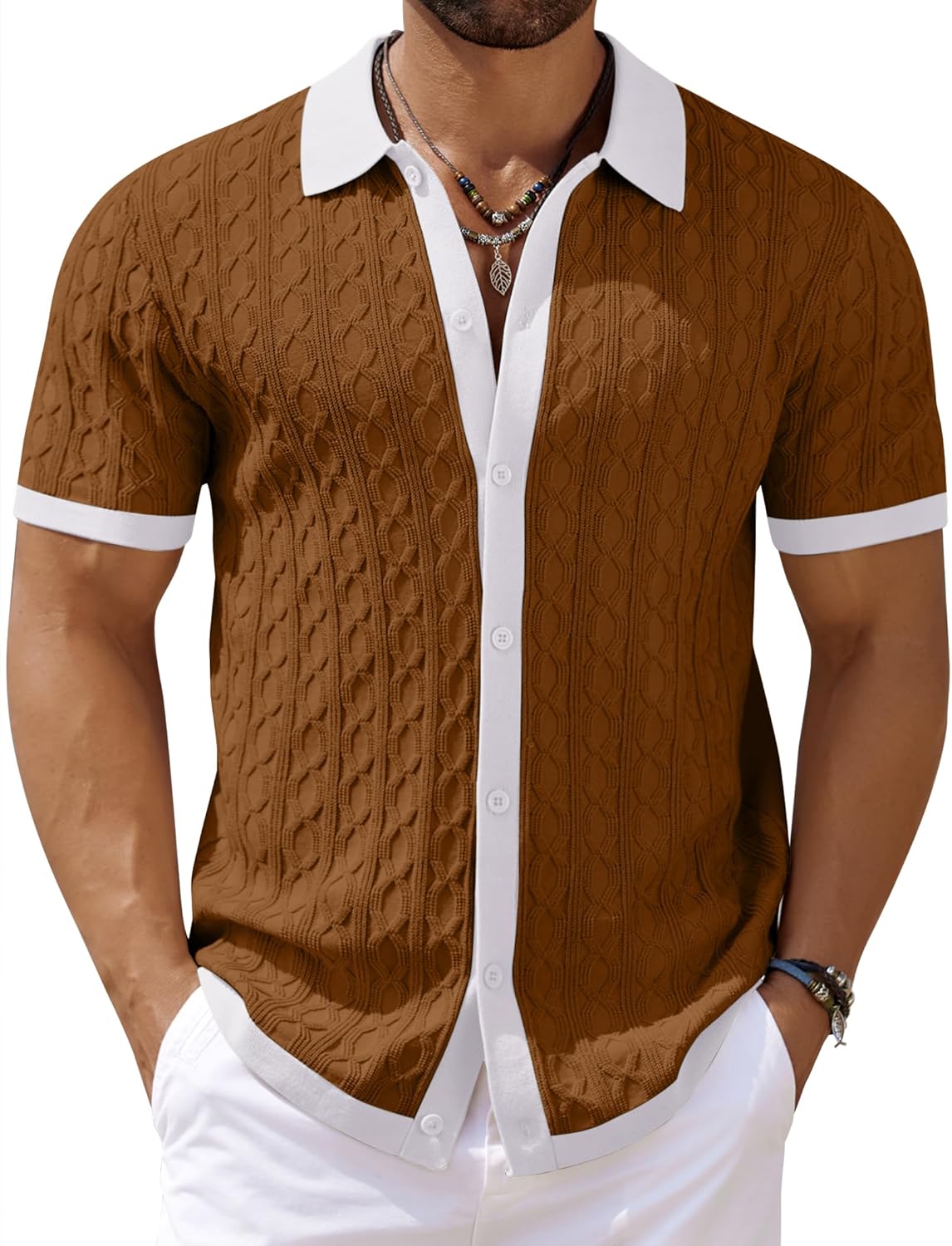 Thumbnail 6 de COOFANDY Men's Knit Short Sleeve Polo Shirt with Vintage Cable Knit