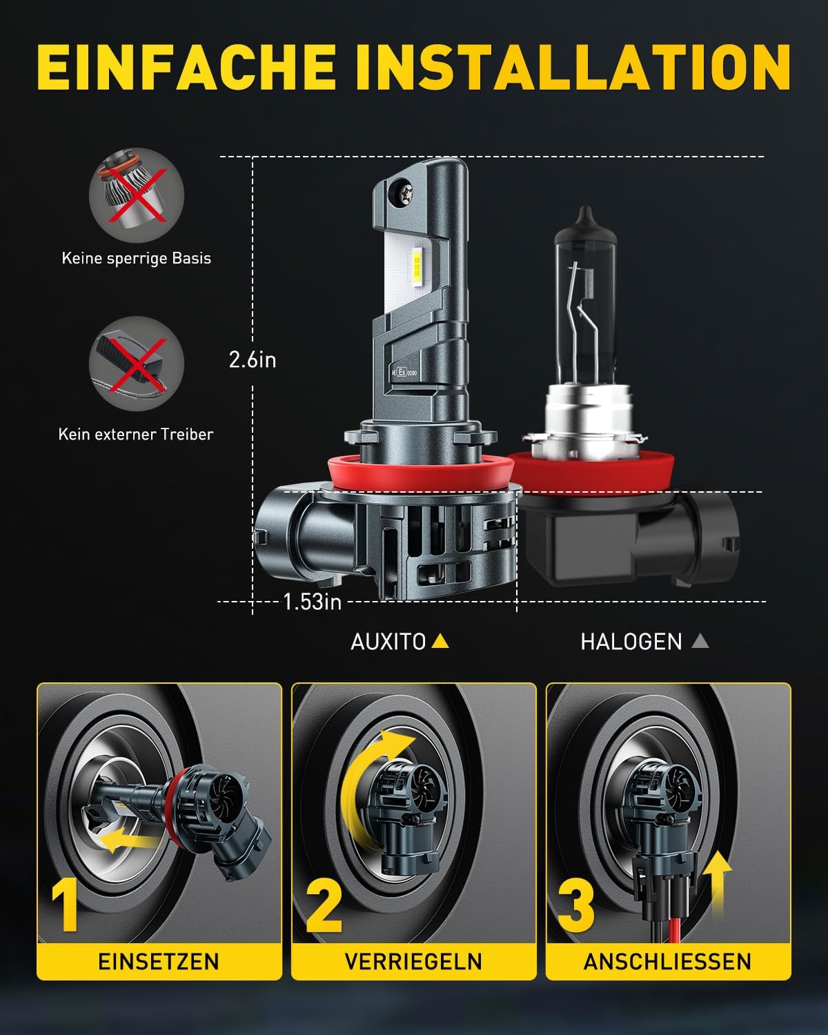 Detalle de Auxito H11 LED Scheinwerferlampe – UNECE-R37 Zulassung, 6000K, 50.000 Stunden, Plug & Play, 2er Set