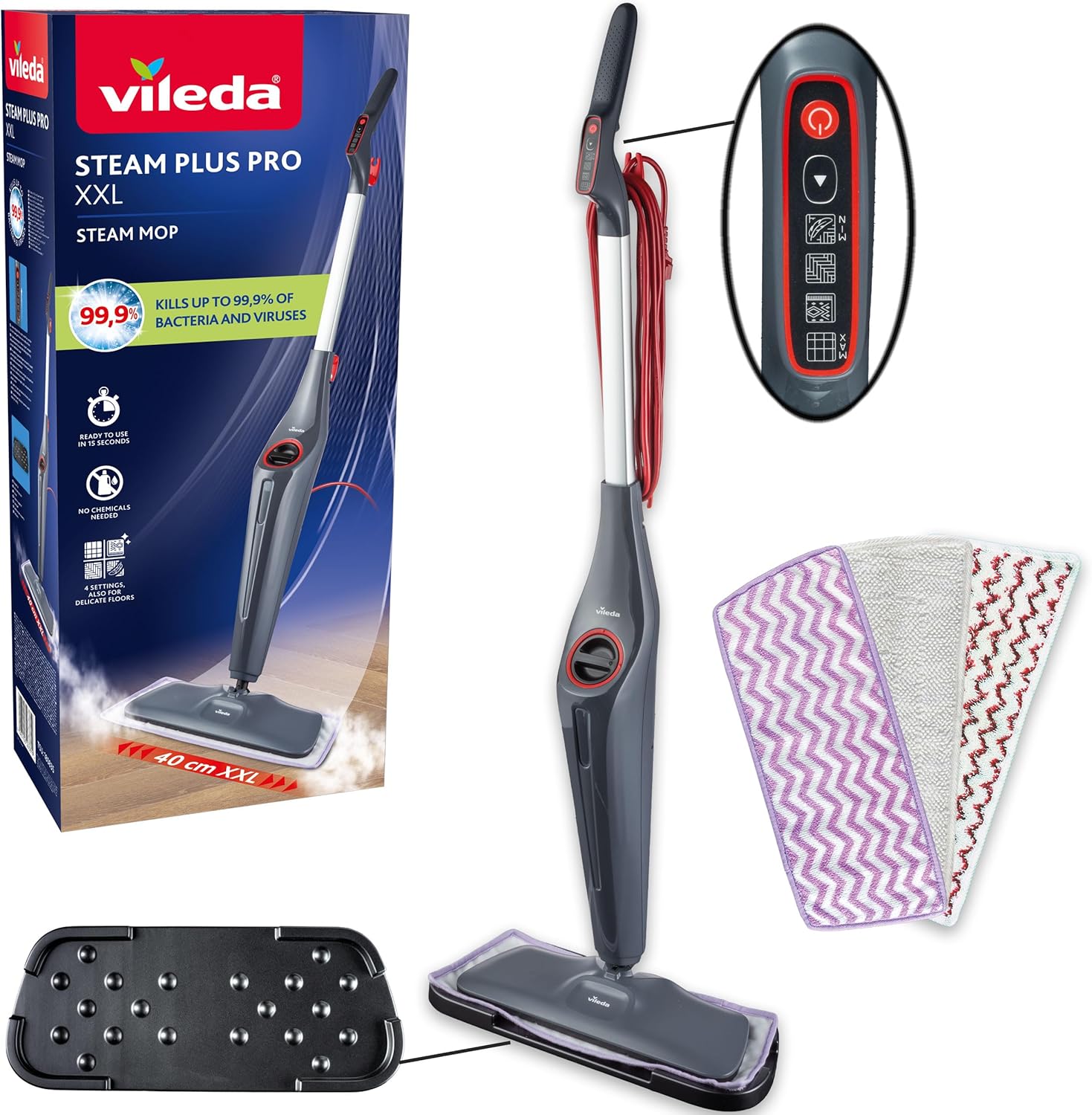 Vileda Steam Plus Pro XXL Nettoyeur vapeur – nettoyage sans produits chimiques pour grands espaces