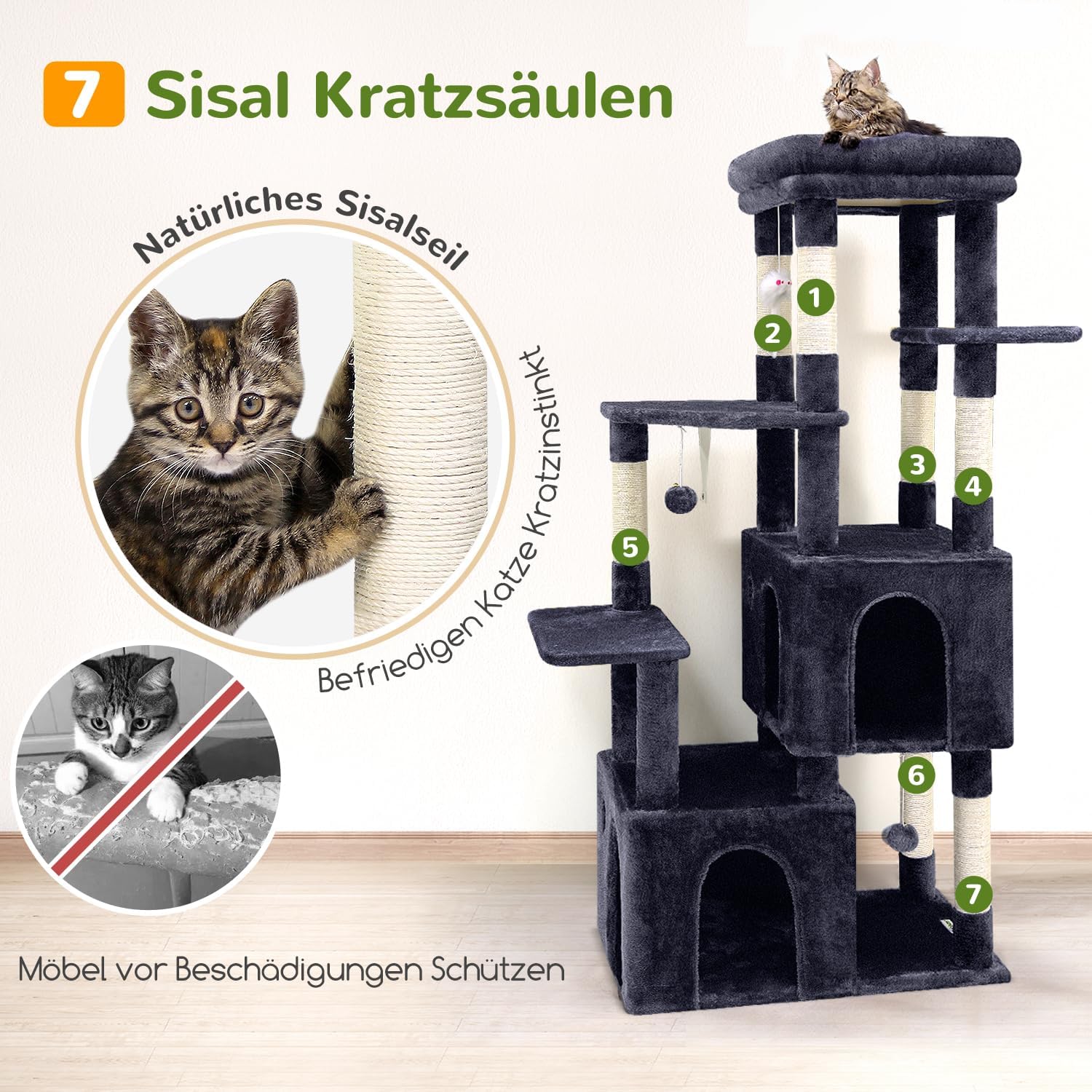 Thumbnail 4 de Globlazer Kratzbaum für 3–5 große Katzen (156 cm) mit 2 Deluxe Katzenhöhlen und 7 Sisal-Kratzsäulen, Dunkelgrau
