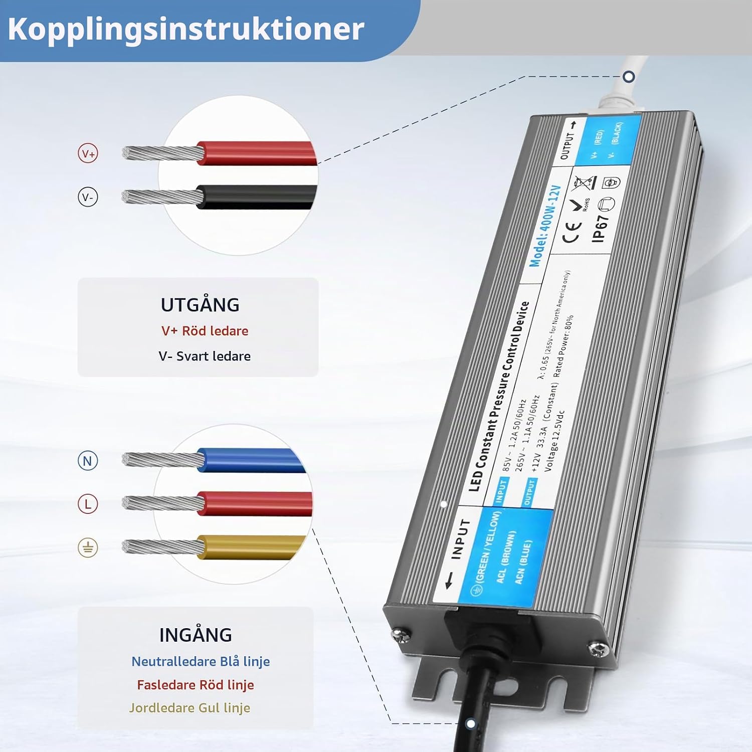 Detalle de YOODI 24V 36W nätadapter, 1,5 A, IP67 för LED-belysning