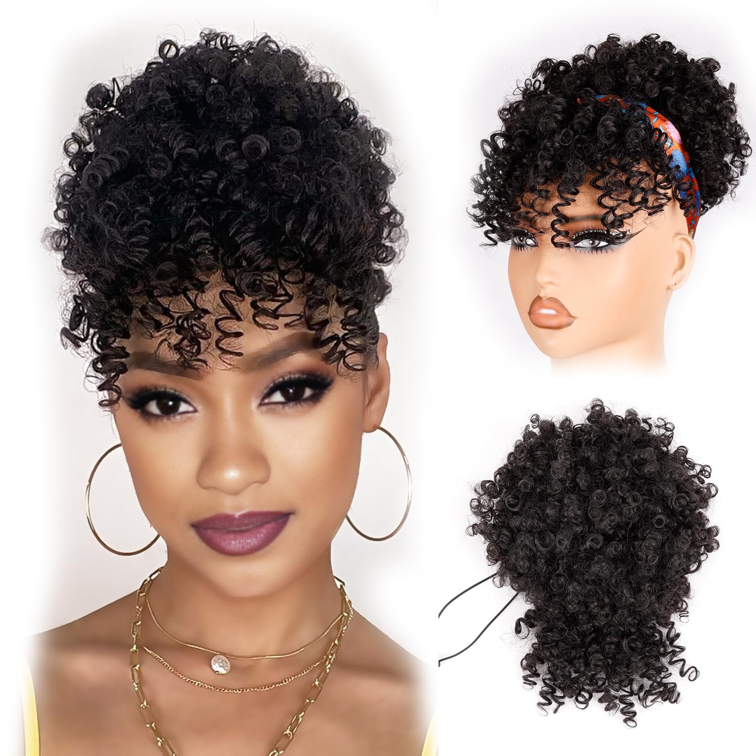 Thumbnail 5 de Builson Drawstring Ponytail for Black Women (Afro Puff Kinky Curly) with Bangs, Natural Black/Blond (T27)
