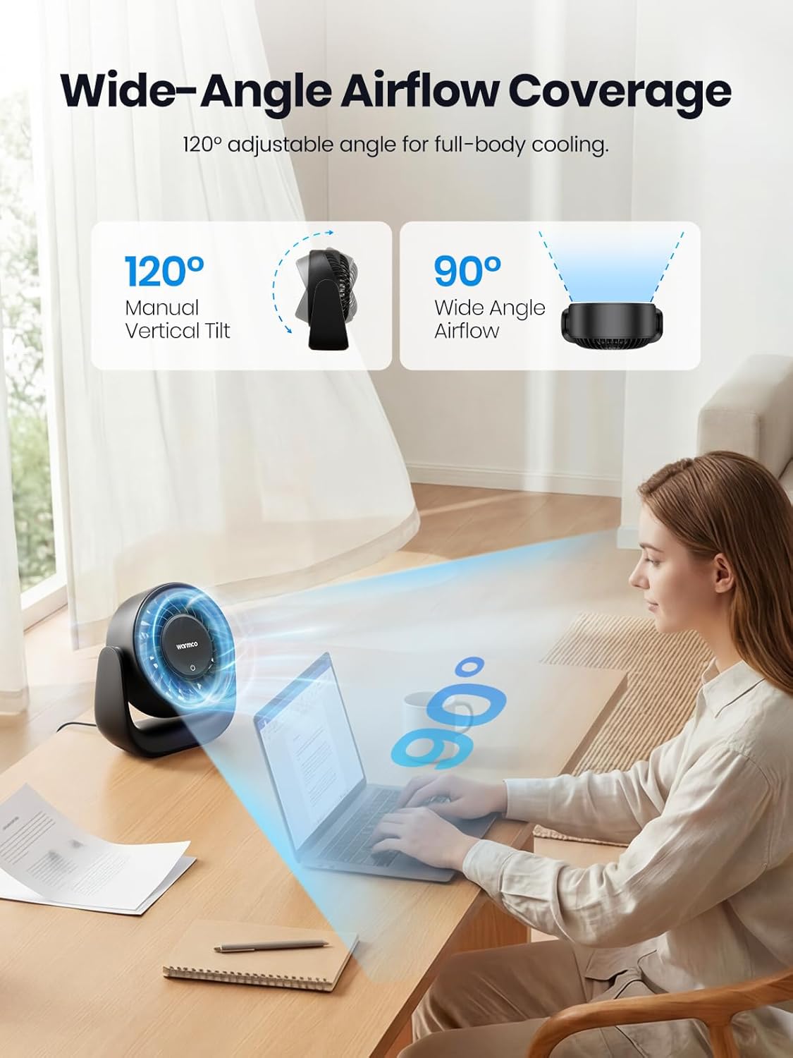 Detalle 2 de Warmco DS1 USB Desk Fan: 6.4 Inch Plug-In, 3 Speeds, USB-C/USB-A Power