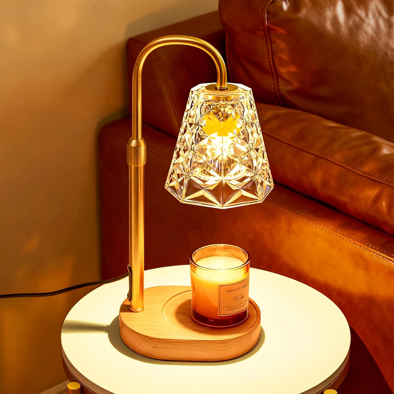 Detalle de SyncGlow 11337 Candle Warmer Lamp with Gold Glass Shade and Timer