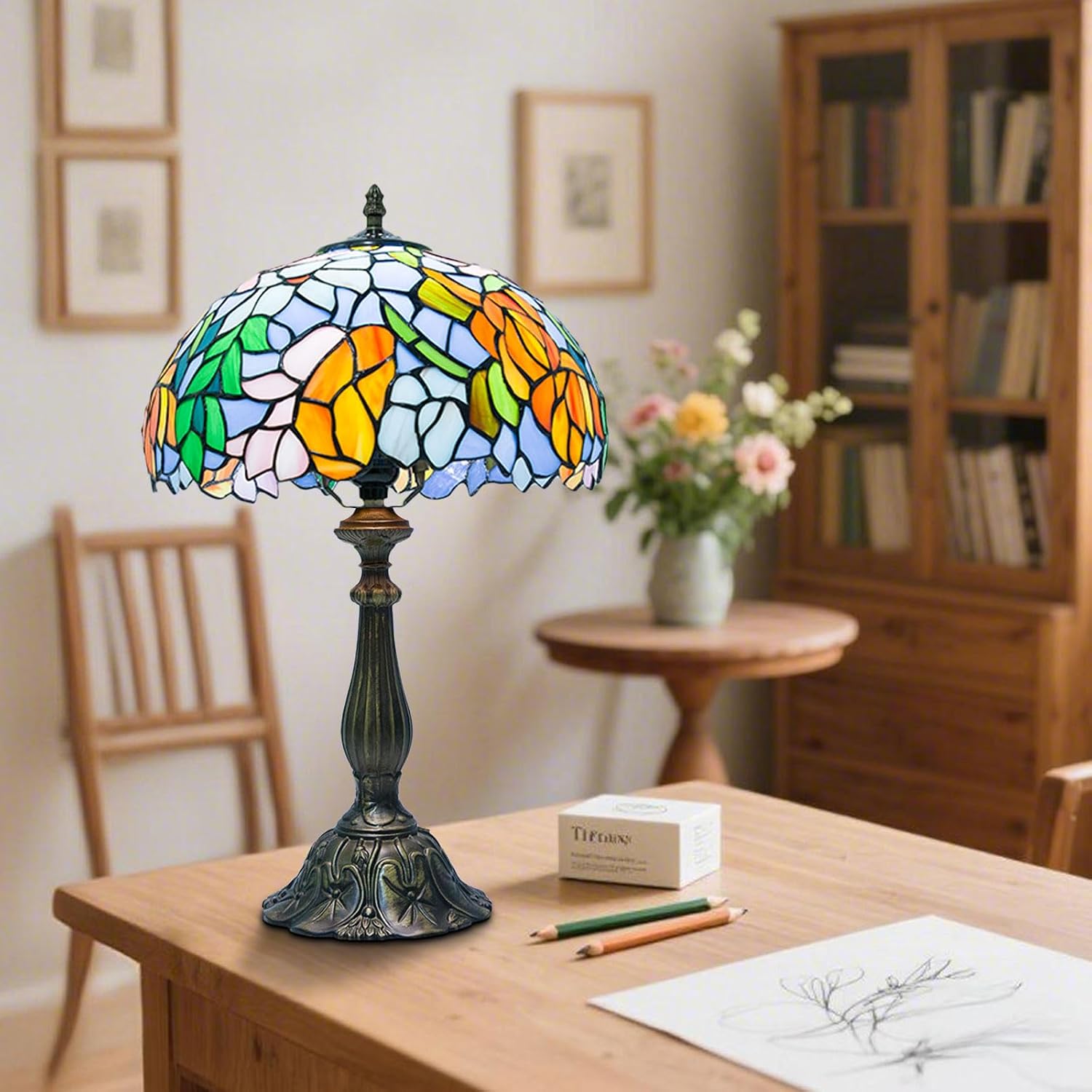 Detalle 2 de Ppbmocw Tiffany Style Glass Table Lamp with Remote Control (Flowers in Full Bloom) – 12 Inch Shade, 18.8 Inch Overall Height