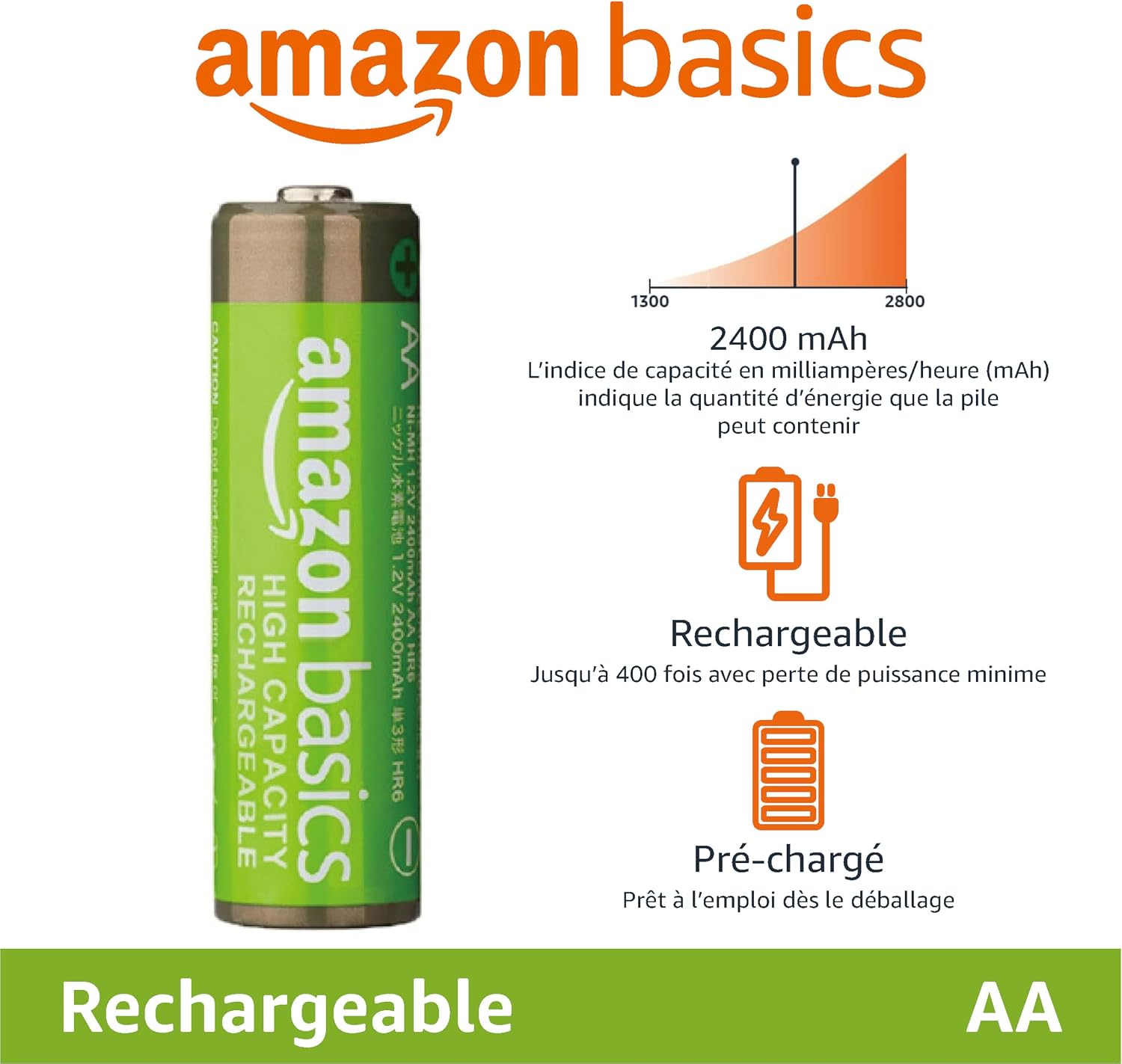 Detalle de Lot de 4 piles rechargeables AA NiMH Amazon Basics 2400 mAh (1,2 V) – préchargées