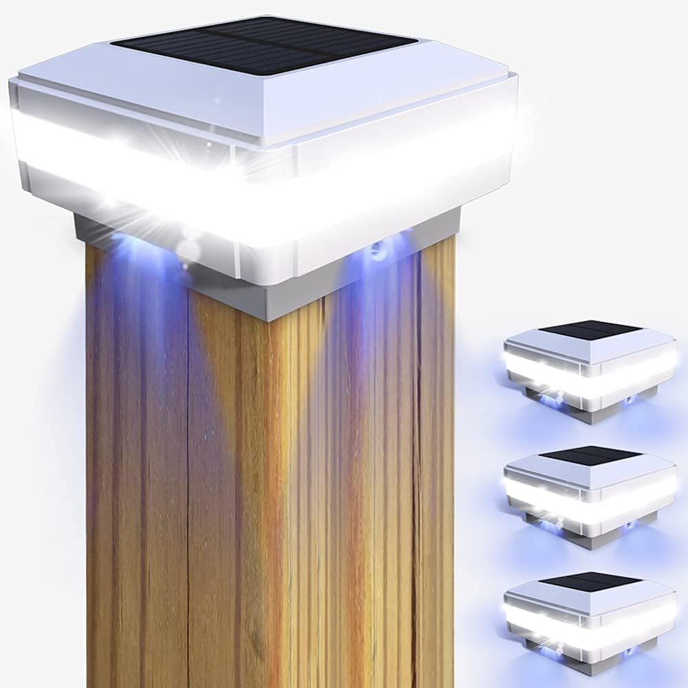 Detalle de GEYUEYA Home Solar Post Lights (4 Pack): Square White Post Caps with Blue Accent