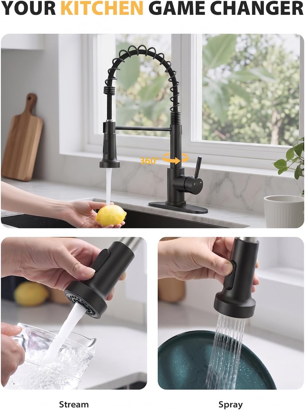 Detalle de Hiqufet HQ688MB Kitchen Faucet with Pull-Down Sprayer, 360° Swivel, Brushed Black