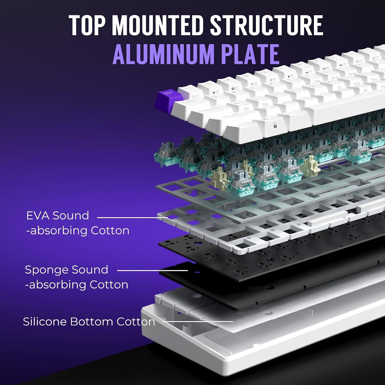 Detalle de RK ROYAL KLUDGE C61 HE Gaming Keyboard: 60% Hall Effect Magnetic Switches, 8000Hz, RGB, White Purple
