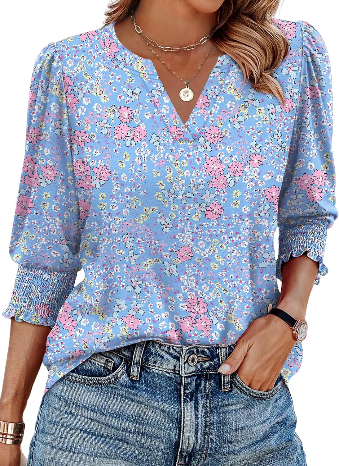 Detalle de Aokosor Women's 3/4 Sleeve V-Neck Puff Sleeve Blouse — Office-Ready Tunic