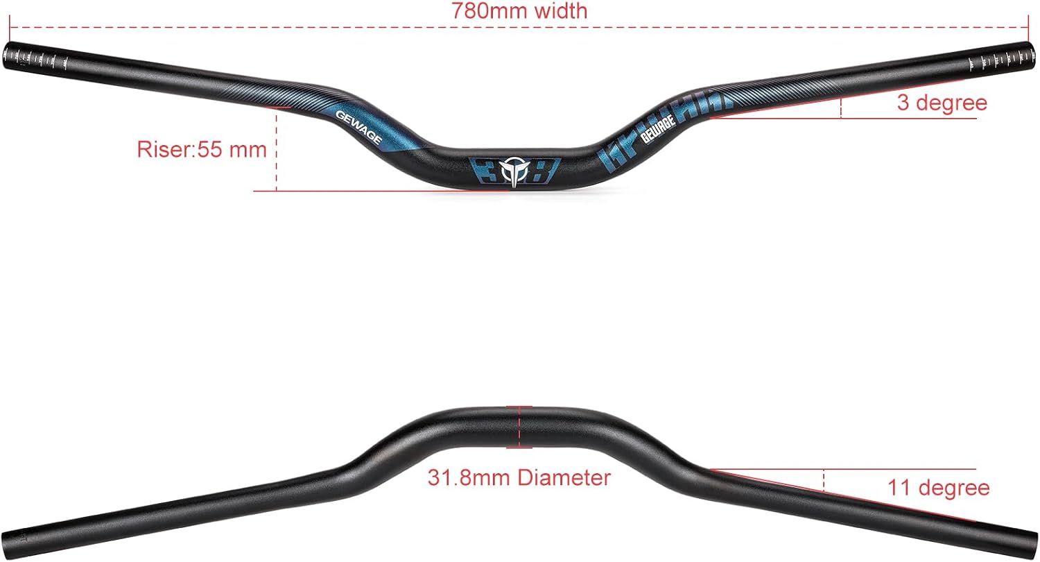 Detalle de GEWAGE 780 mm Riser Bar — 6061 aluminium, 31.8mm clamp, 12° backsweep, adjustable rises (25/55/70/90/120mm) for MTB/Road/Hybrid use