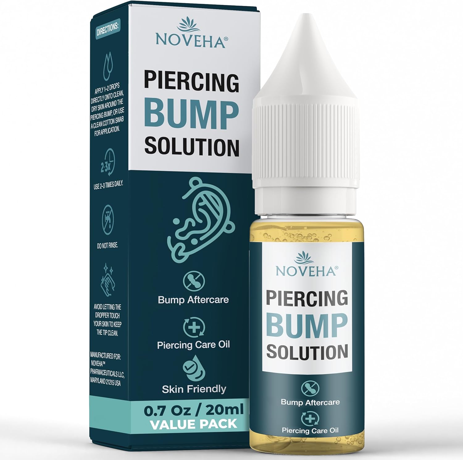 Detalle de NOVEHA Piercing Bump Solution with tea tree oil (20ml) for keloid bumps and raised scars