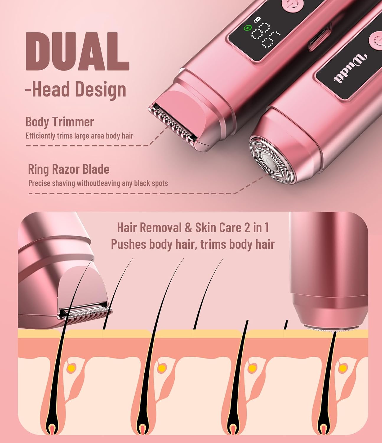 Thumbnail 1 de Dual Head Electric Bikini Trimmer for Women – IPX7 Waterproof with LED Display (Rococo Pink)