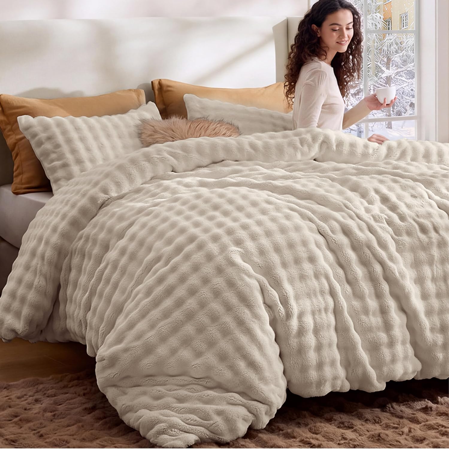 Detalle de Bedsure BB649B3 Cloud Bubble Queen Comforter Set, Beige Flannel