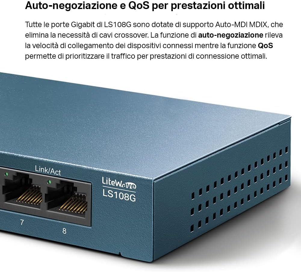 Detalle de TP-Link LS108G switch Ethernet Gigabit a 8 porte con QoS e struttura in metallo
