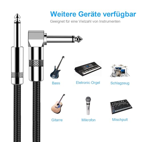 Detalle de New Bee Instrumentenkabel 3 m – 1/4'' Klinke, Gerade und Winkel, für Gitarre, Bass, Keyboard, Pro Audio