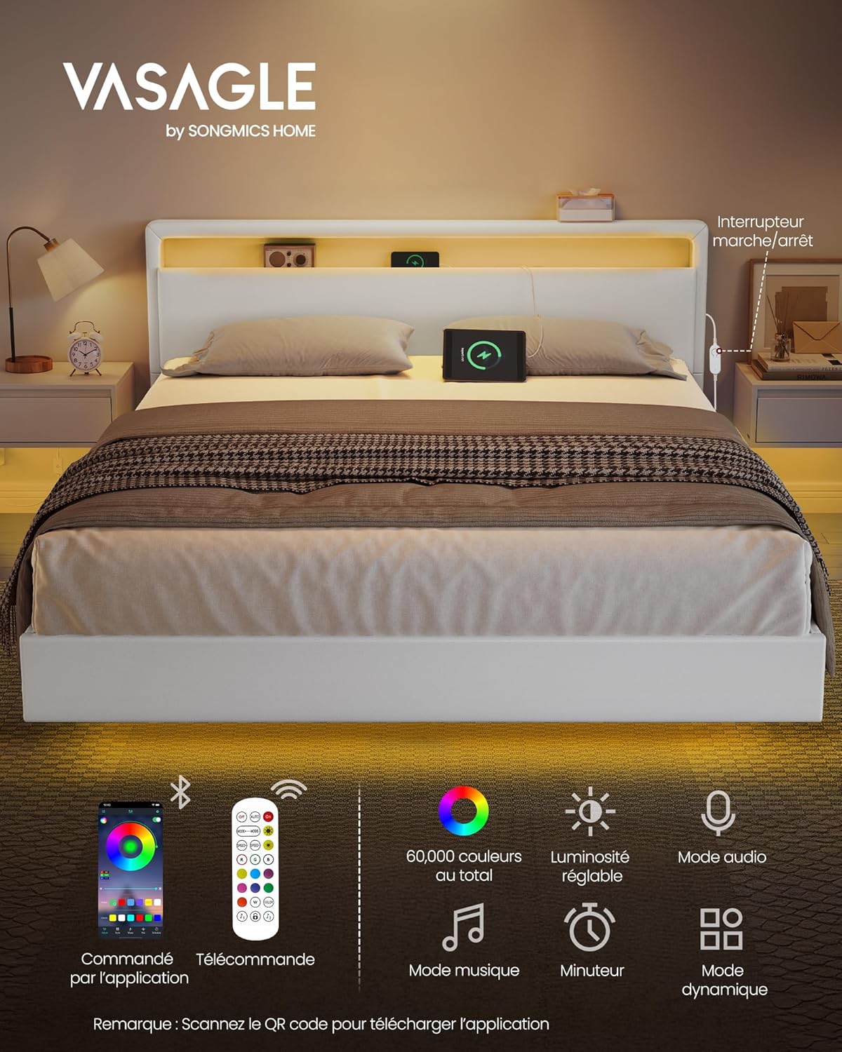 Detalle de VASAGLE Lit double 140 x 190 cm cadre flottant avec LED