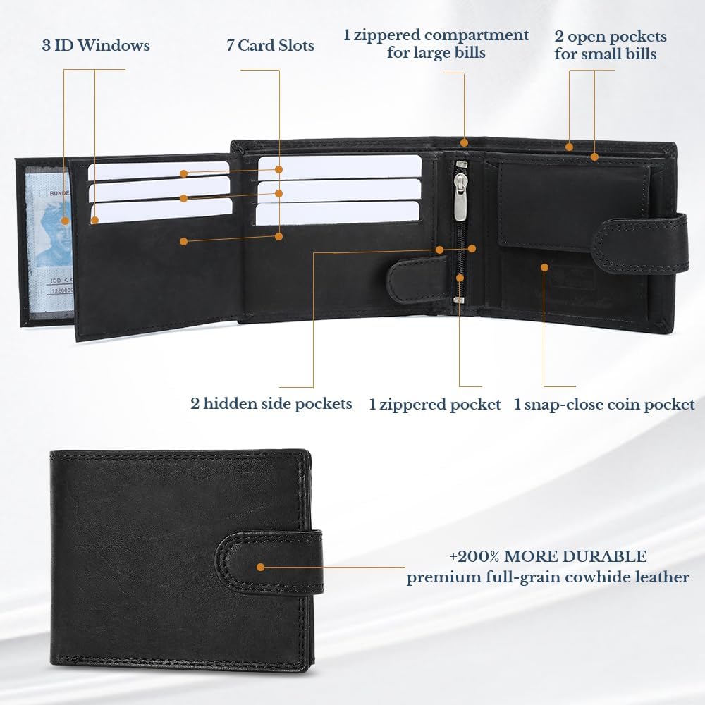 Detalle de WEDMAY men’s genuine leather RFID bifold wallet with coin pocket (Black)