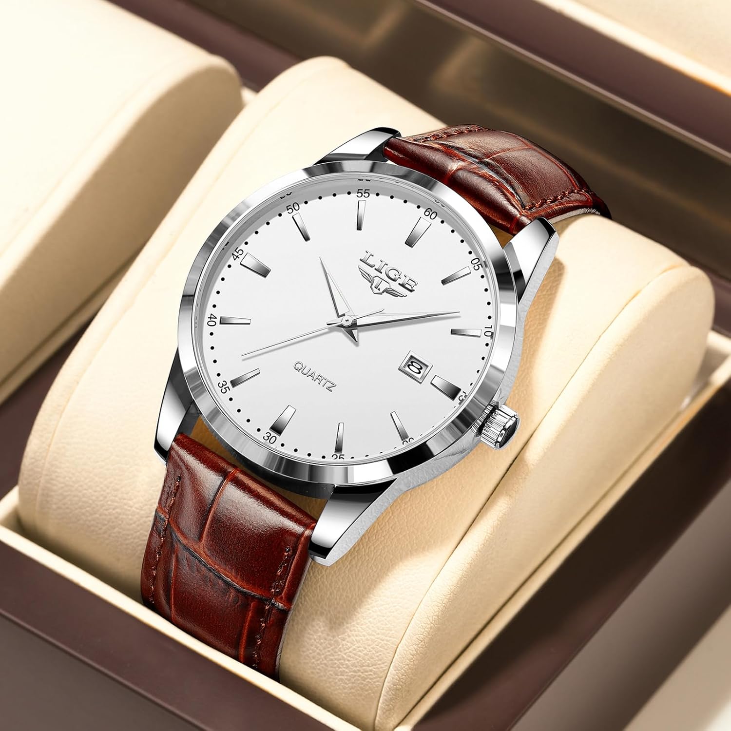 Thumbnail 6 de LIGE Herren Quarzuhr wasserdicht mit Datum, Edelstahlgehäuse und Lederarmband