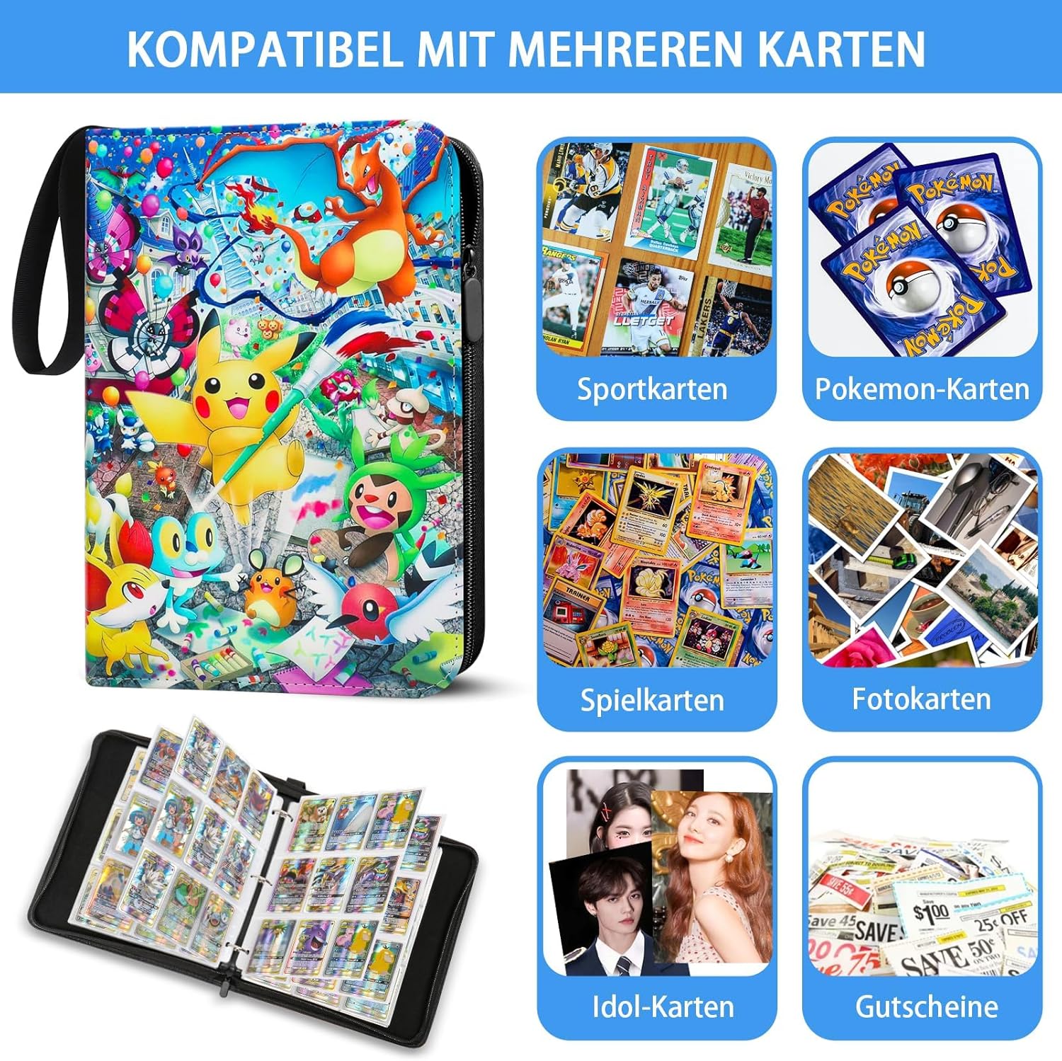 Thumbnail 3 de GCMUUP Karten-Sammelalbum für Pokémon Karten mit Reißverschluss, 900 Karten & 9 Fächer pro Seite