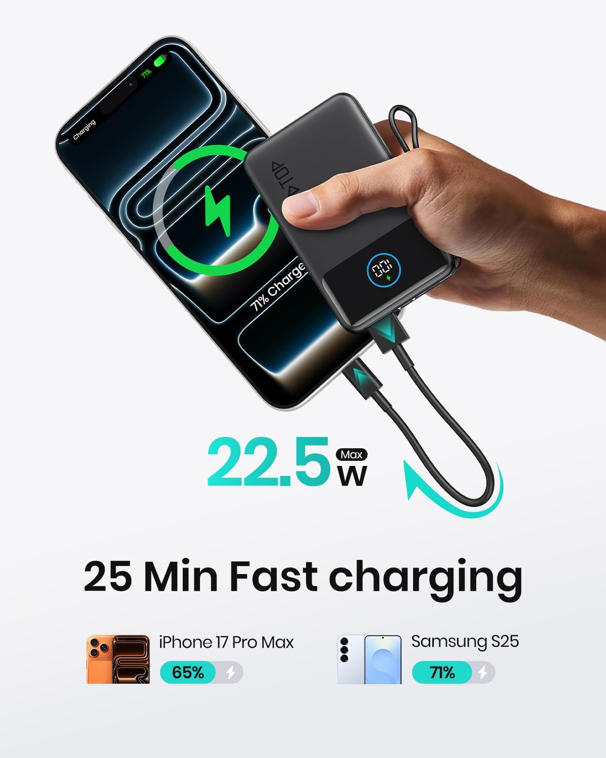 Thumbnail 3 de A ADDTOP UltraSlim 10000mAh Power Bank with built-in USB-C cables (22.5W fast charging)