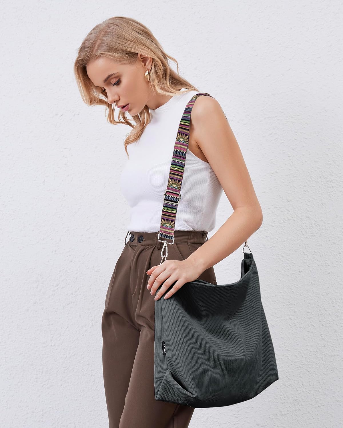 Thumbnail 1 de Prite Corduroy Tote Bag for Women with Zipper – Large Capacity Shoulder Bag with Adjustable Strap