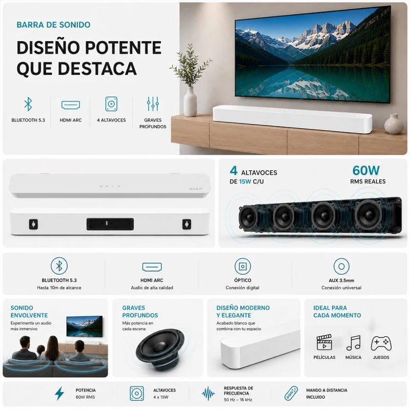 Thumbnail 1 de Nilait Harmony Sound Bar 2.0 60W Blanca: análisis práctico y veredicto de compra