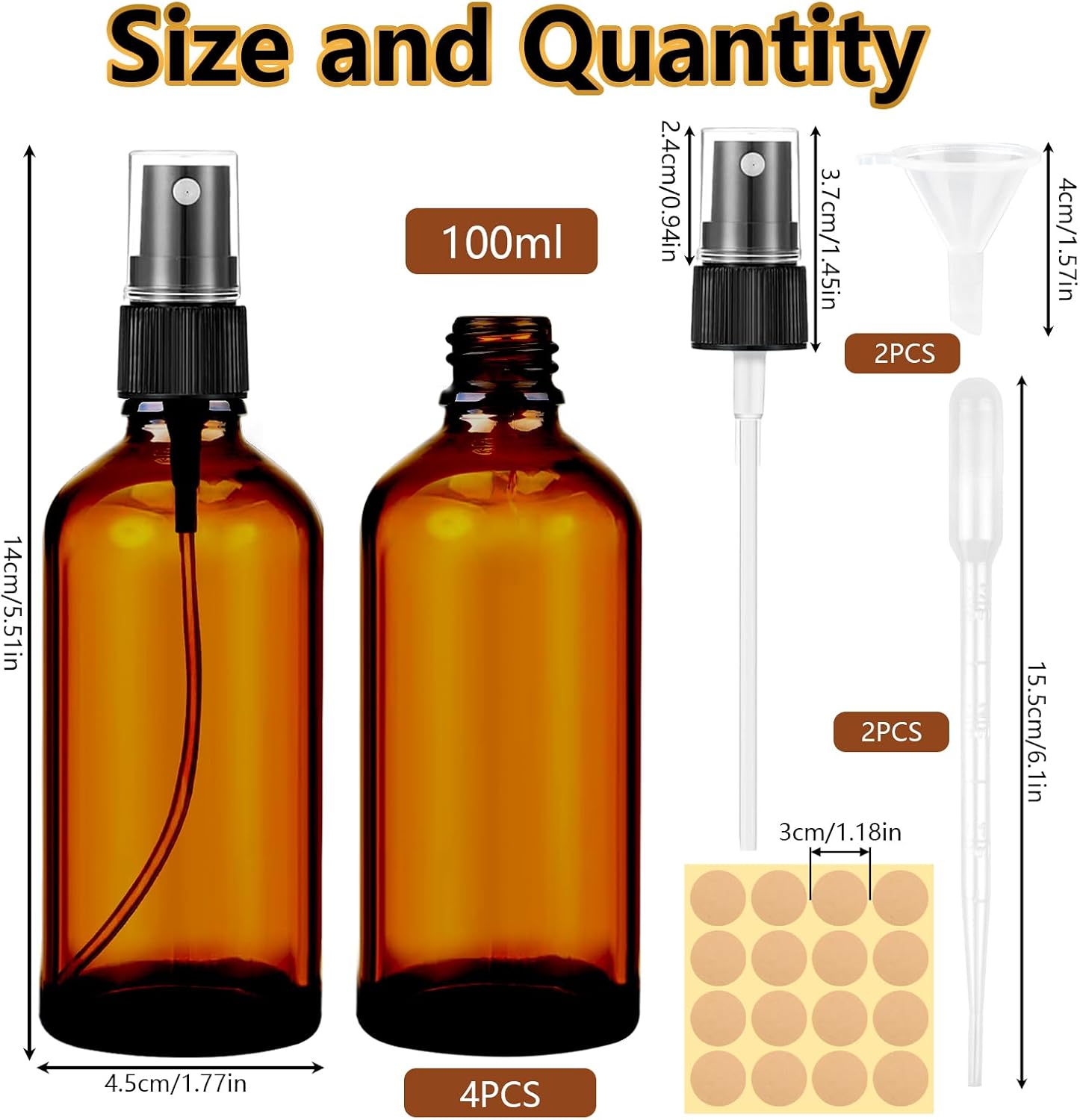 Detalle de Maxmoc 4x 100 ml Braunglas Sprühflaschen-Set mit Trichter, Pipetten, Tropferspitzen und Etiketten