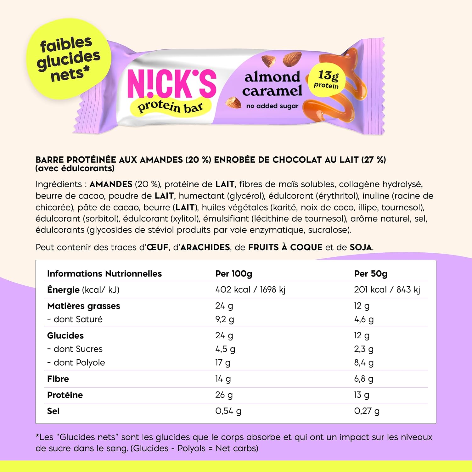 Detalle 2 de N!CK'S proteïnereep met amandel en karamel, 13 g eiwit, glutenvrij