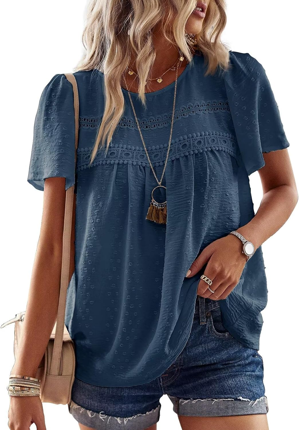 Detalle de Falechay Women’s Summer Boho Blouse with Crew Neck, Crochet Lace Edges & Short Sleeves