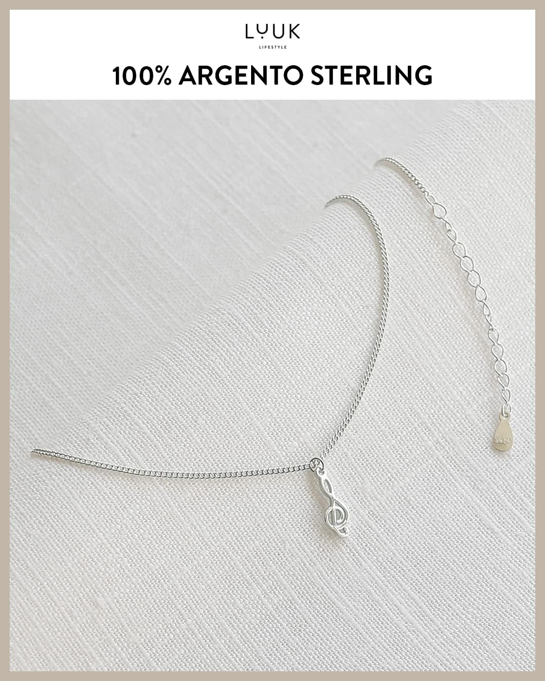 Thumbnail 3 de LUUK LIFESTYLE Collana in argento sterling 925 con ciondolo “chiave musicale” e cartolina Happiness (50 cm)