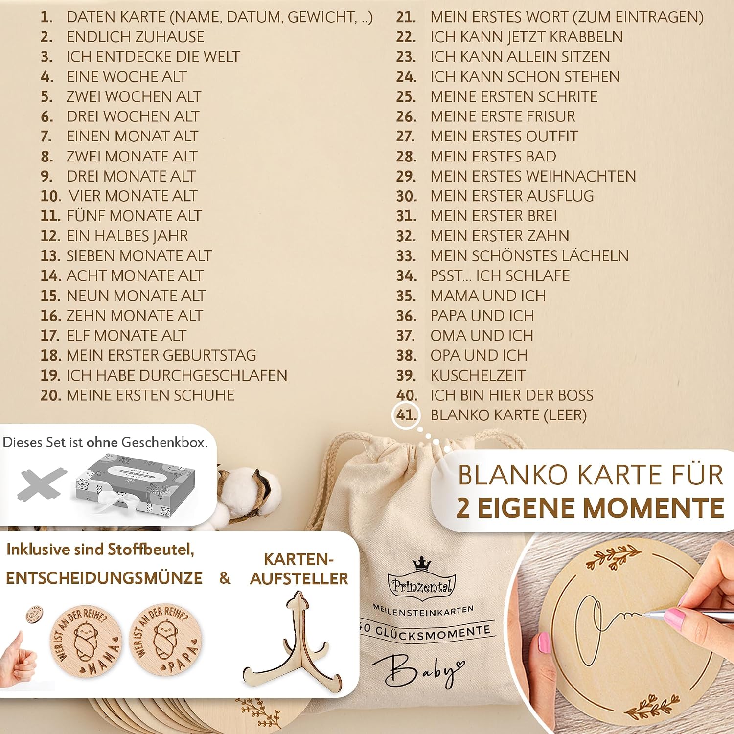 Thumbnail 3 de Prinzental Meilensteinkarten Baby aus Holz mit 40 Meilensteinen, Blankokarte und Stoffbeutel