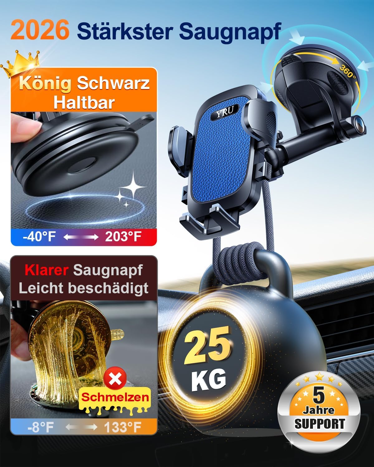 Thumbnail 1 de YRU [2026 Militär-Klasse] Auto-Handyhalterung – Starker Saugnapf & Clip, universal für Fahrzeuge