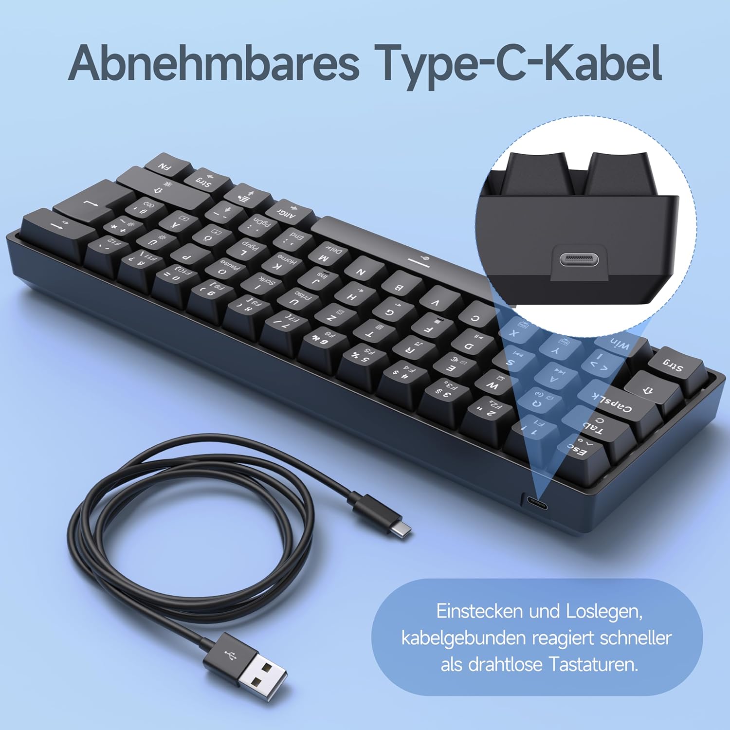 Detalle de TMKB T61SE Gaming Mechanische Tastatur mit Deutsches QWERTZ Layout, Blauer Schalter, Schwarz