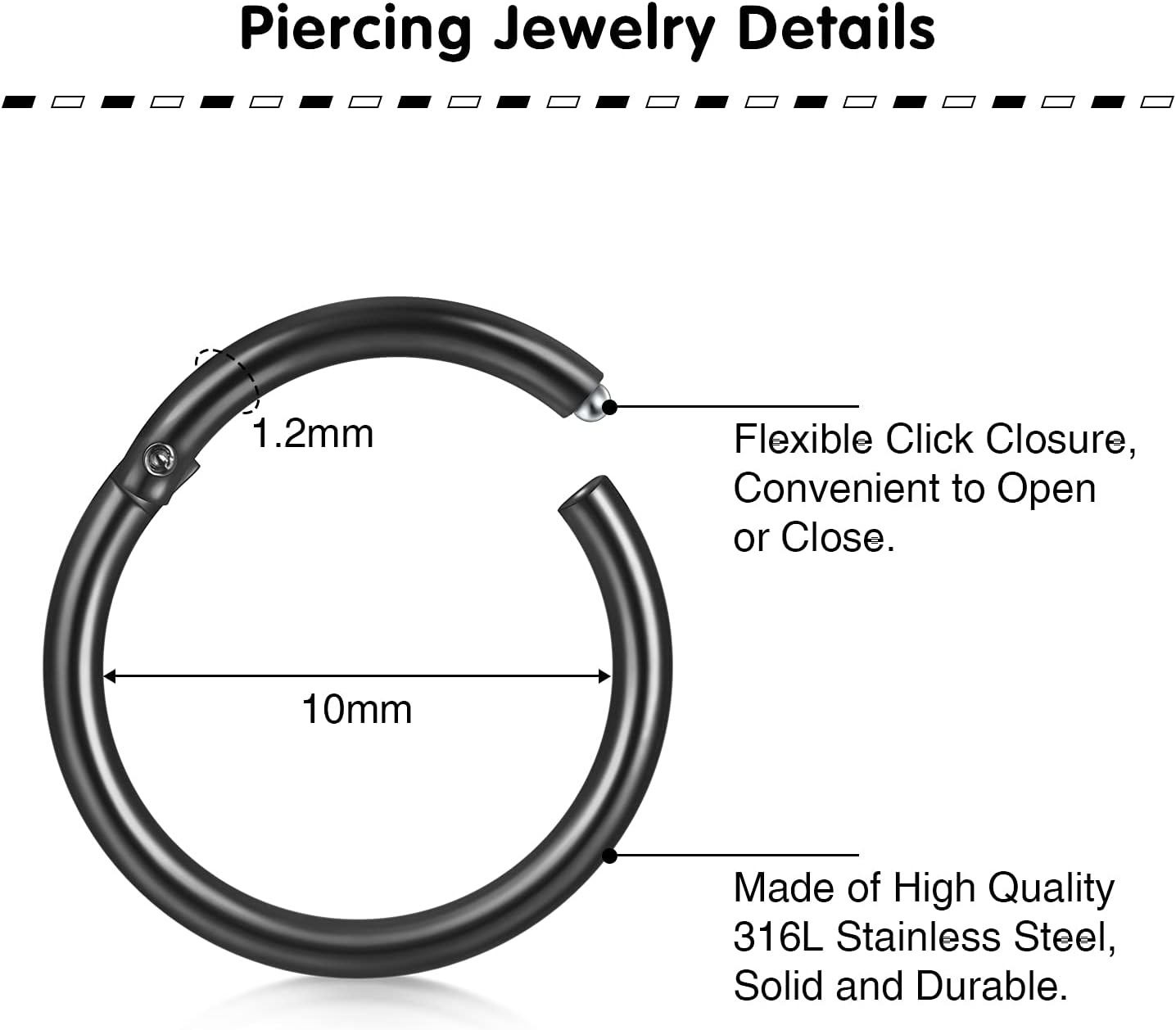 Detalle 2 de Briana Williams 2pcs Hinged Clicker Segment Nose Rings – 316L Surgical Steel, 20G, 6mm Inner Diameter (5–12mm options)