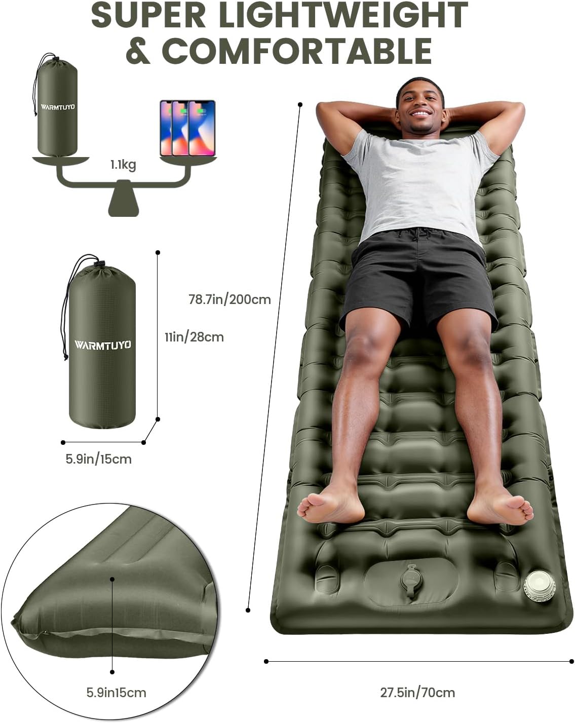 Thumbnail 4 de WARMTUYO Isomatte: Leichtes, 12 cm dickes Luftbett fürs Camping mit USB‑Pumpe