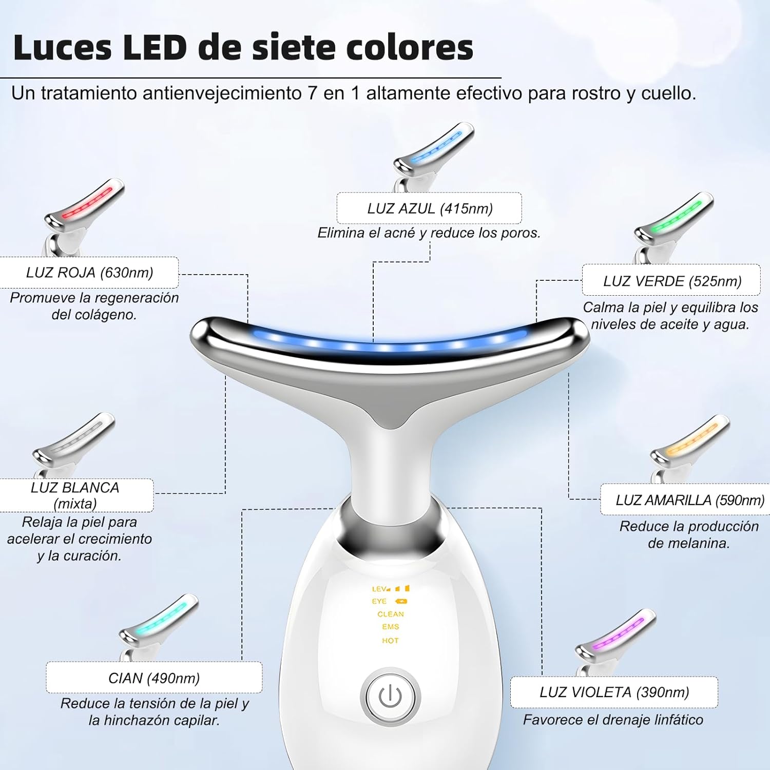 Detalle de Massaggiatore Viso 7 Colori LED con Radiofrequenza, 3 Modalità: Pulizia, EMS e Termoterapia (45°C) – Lifting e Tonificazione