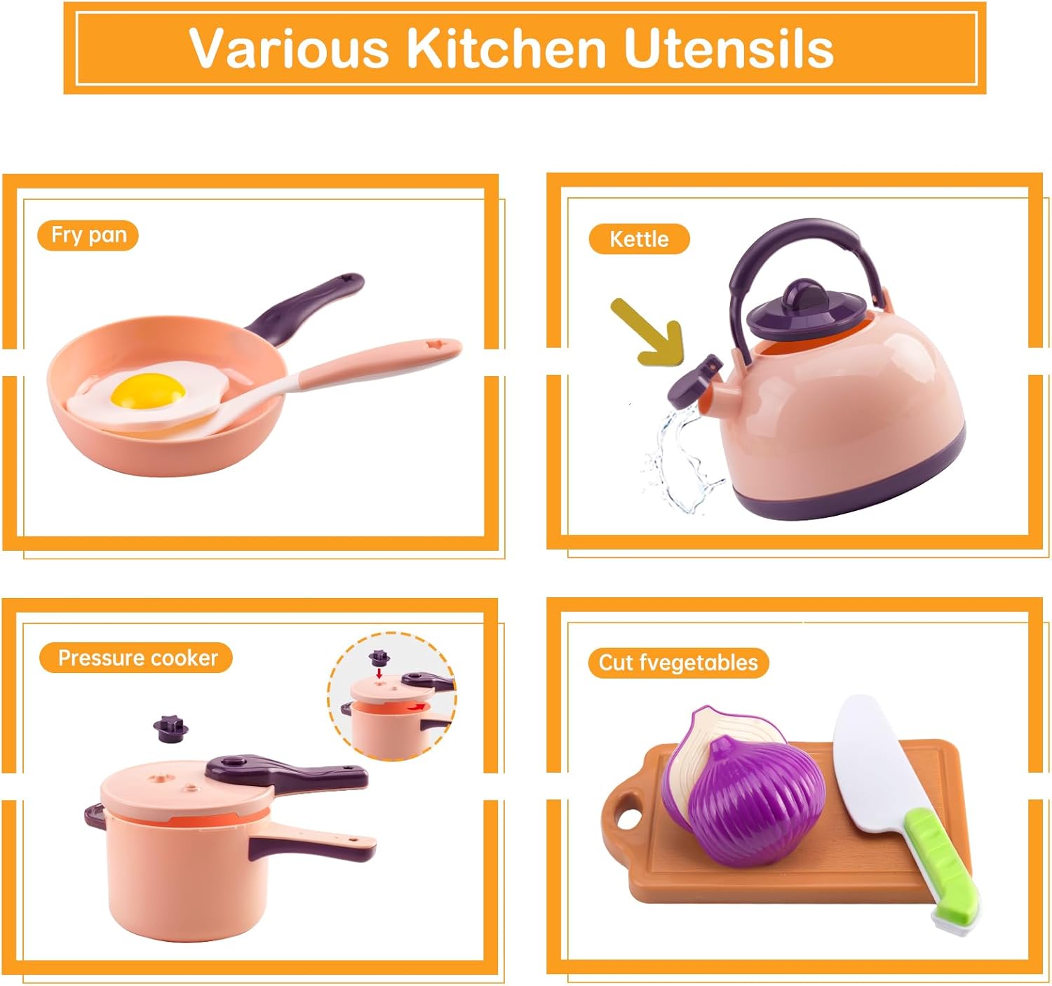 Detalle 2 de 200Pcs Mini Play Kitchen Accessories Set for Kids (Pretend Cooking Playset) — Cookware, Tableware, and 2 Fruit Sets, Pink