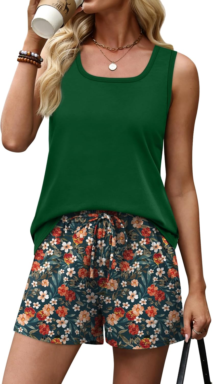Detalle de WIHOLL Two-Piece Women’s Summer Lounge Short Set (Tank & Shorts with Pockets)
