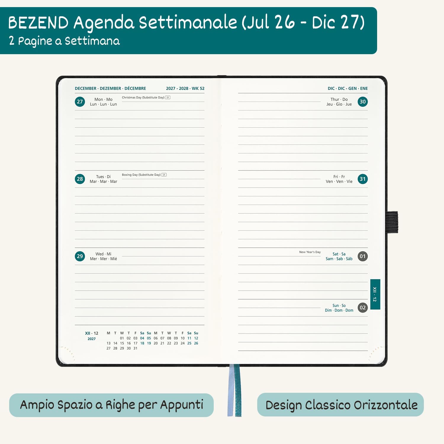 Detalle de BEZEND Agenda 2026/2027 Settimanale Taschibile: 18 mesi, layout orizzontale e copertina in pelle PU marrone