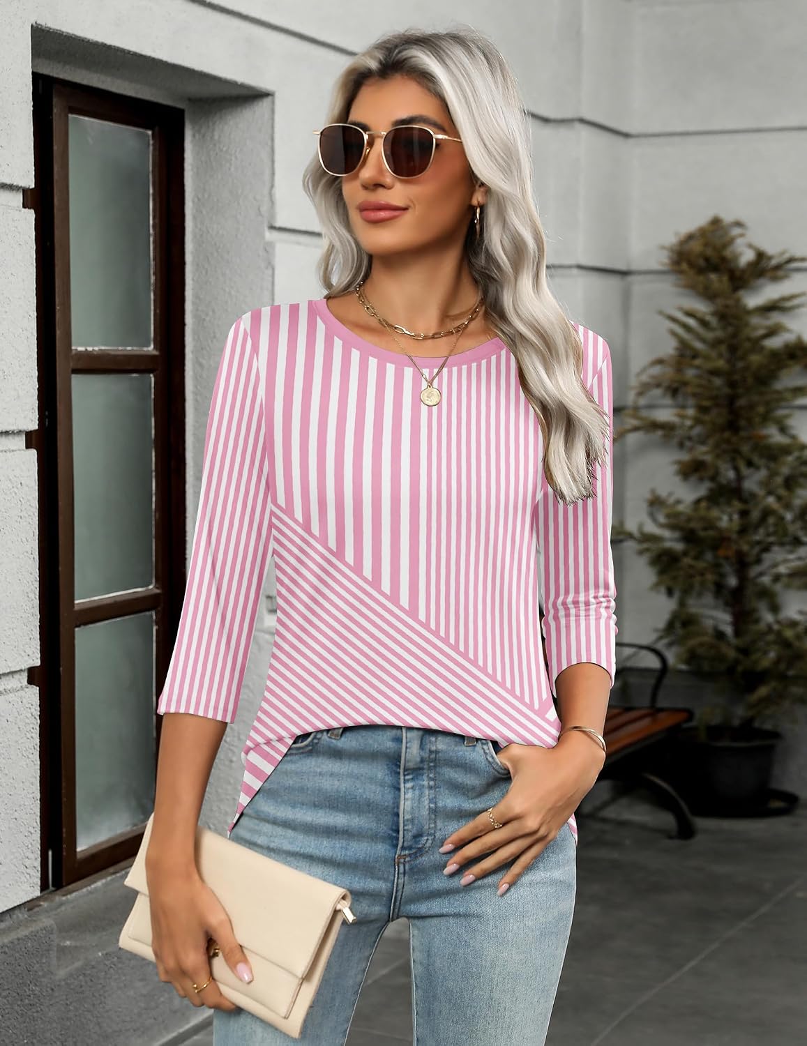 Detalle de Zeagoo Women's 3/4-Sleeve Tunic Top, Round Neck, Stretchy Polyester Blend